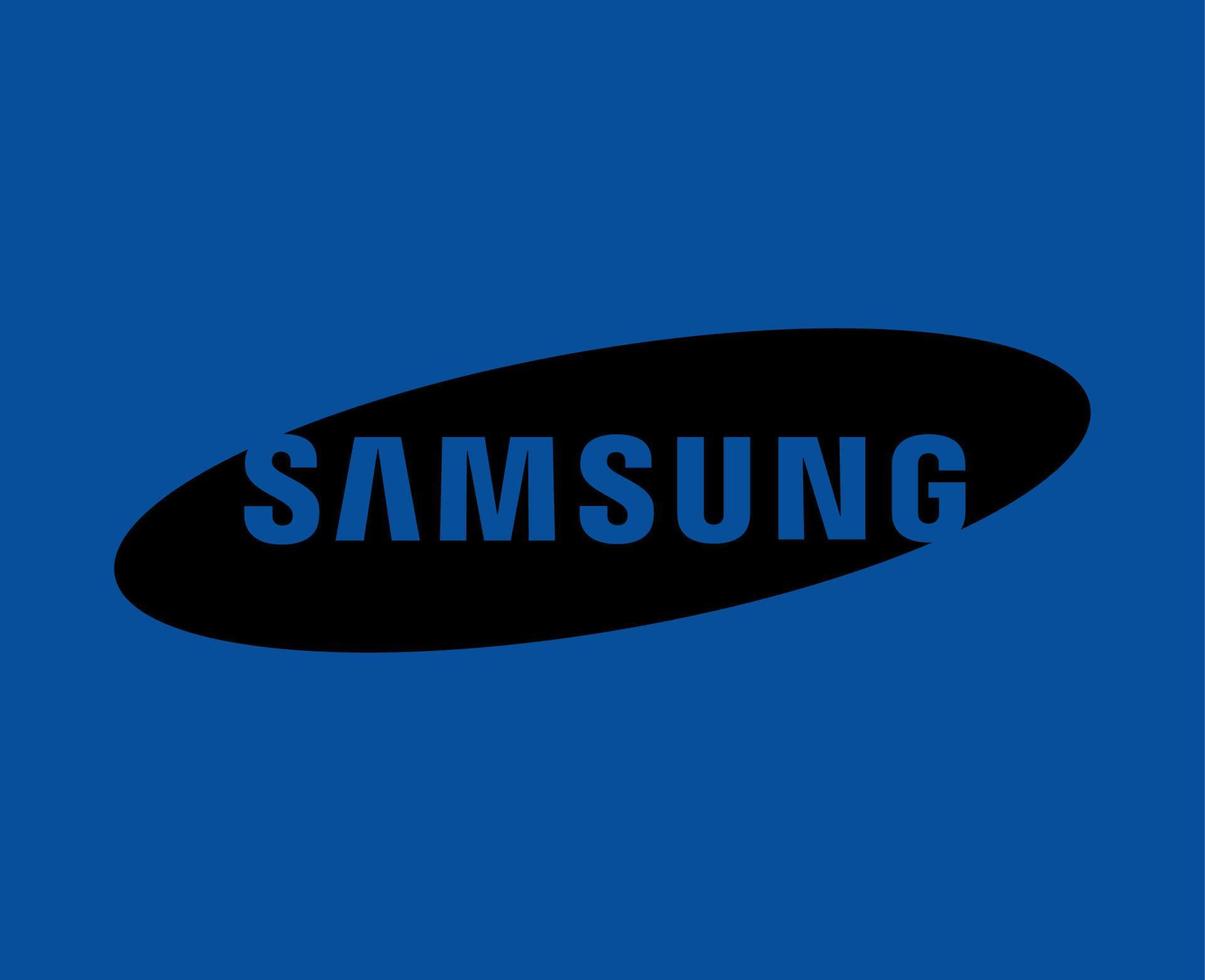 Samsung Brand Logo Phone Symbol Black Design South Korean Mobile Vector Illustration With Blue Background