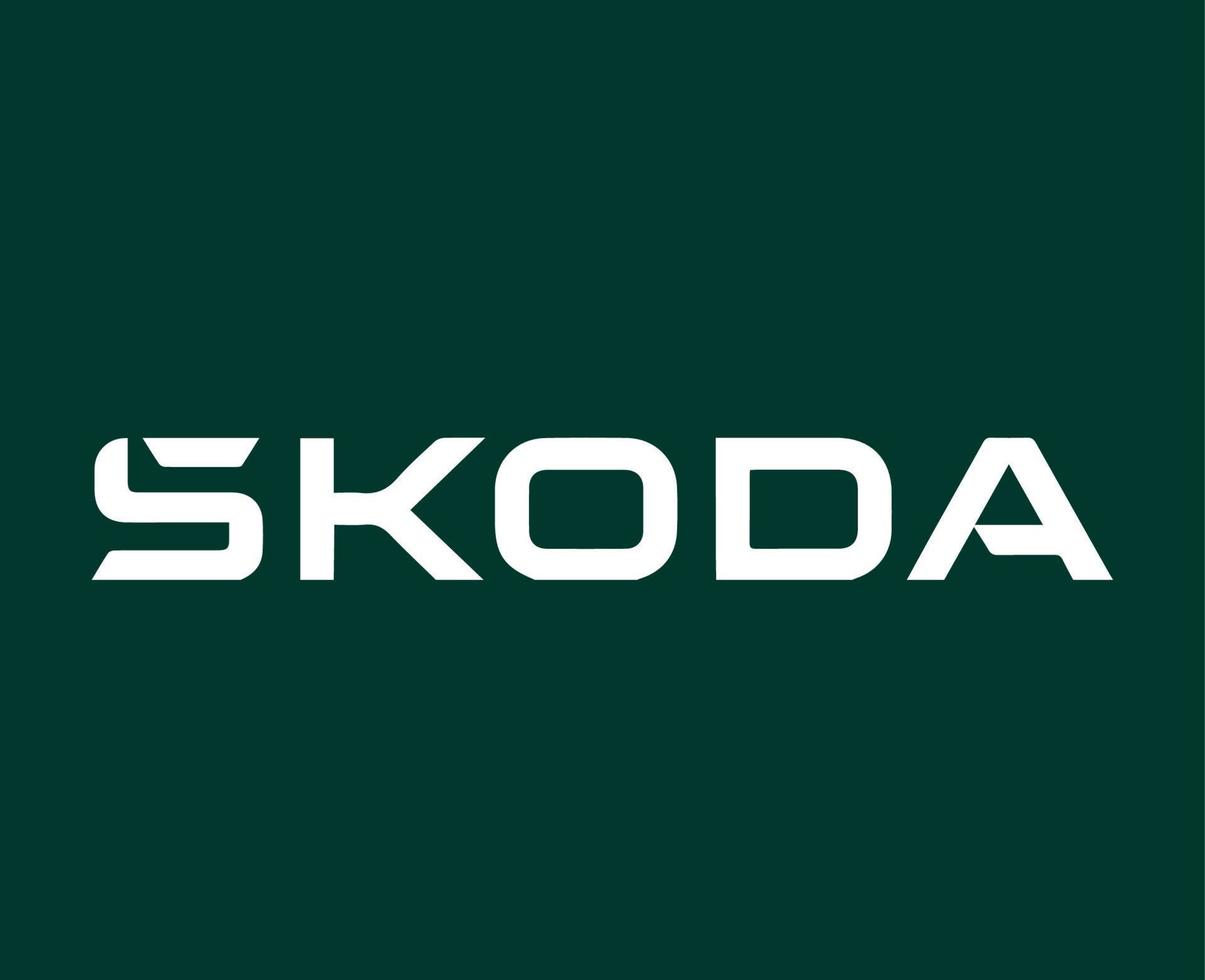 Skoda Brand Logo Symbol Name White Design Czech Car Automobile Vector Illustration With Green Background