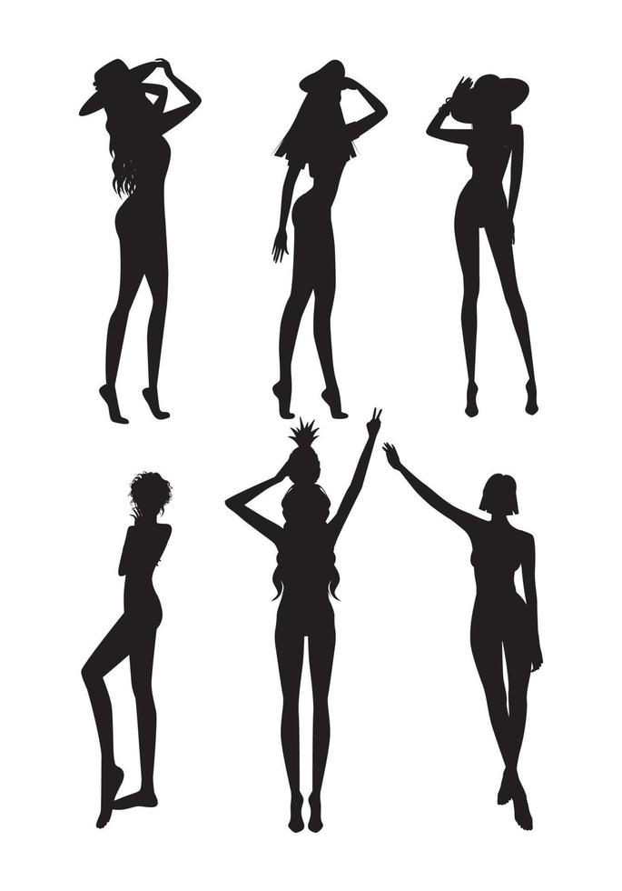 Vector graphics set of different vector black silhouettes of girls for design