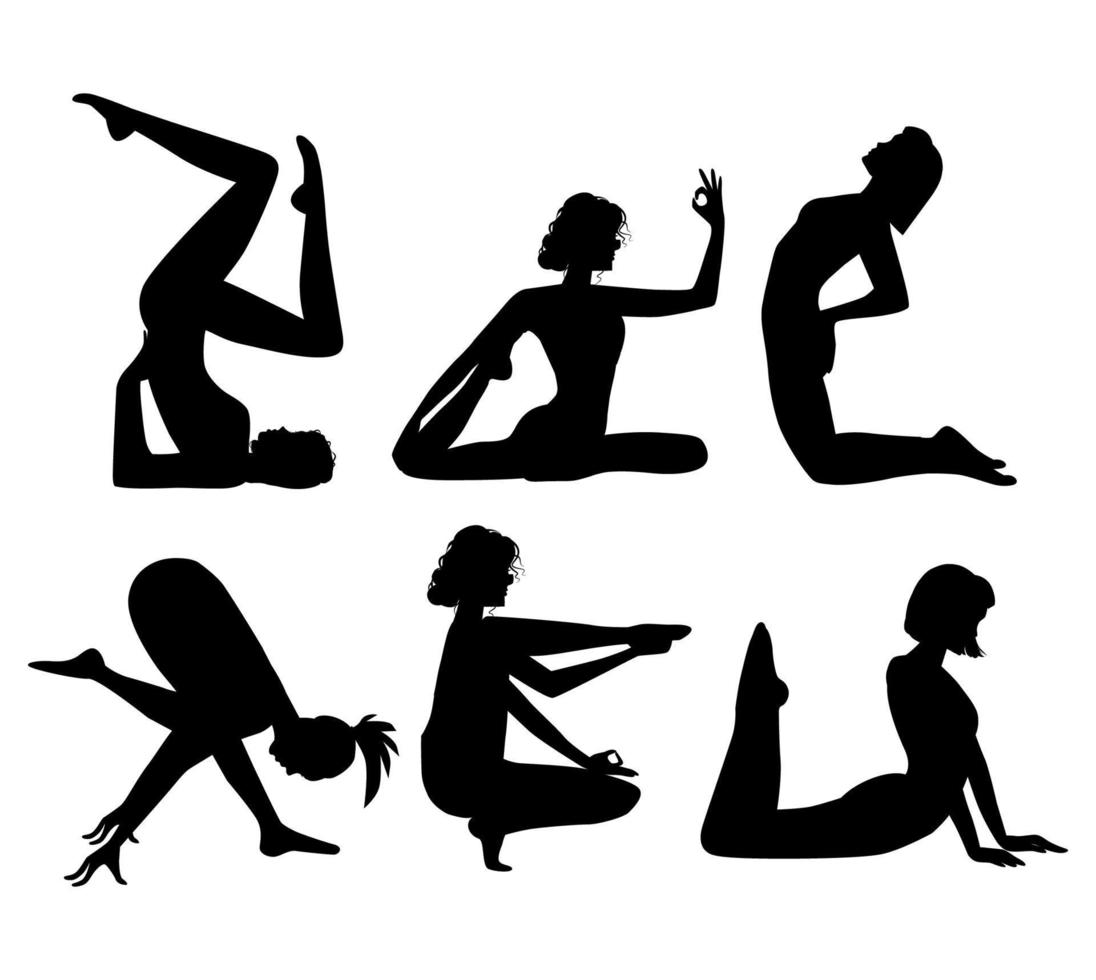 Vector yoga graphics set of different black silhouettes of yoga girls in different asana poses