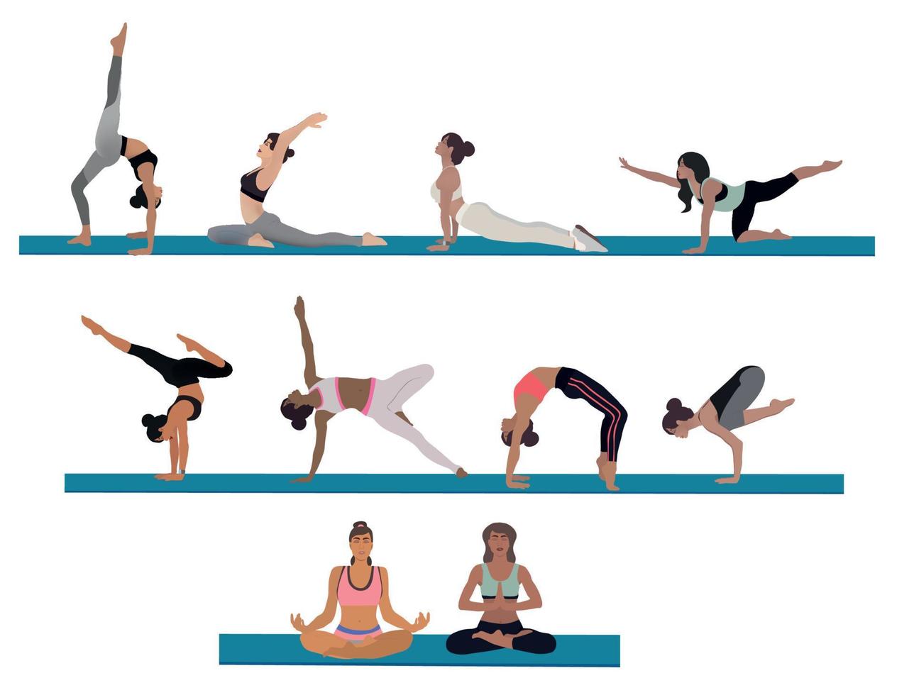 grande conjunto muchos diferente muchachas hacer yoga en diferente poses silueta vector