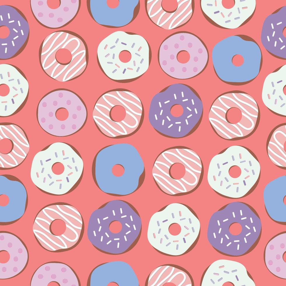 Pattern multicolored sweet delicious donuts with chocolate and jam on a pink background vector