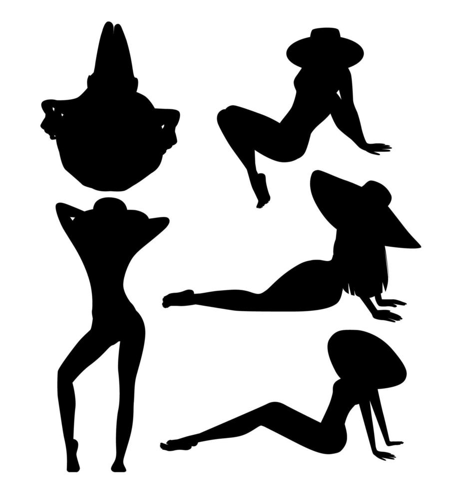 Vector graphics set of different black silhouettes of girls in a hat on vacation for desig