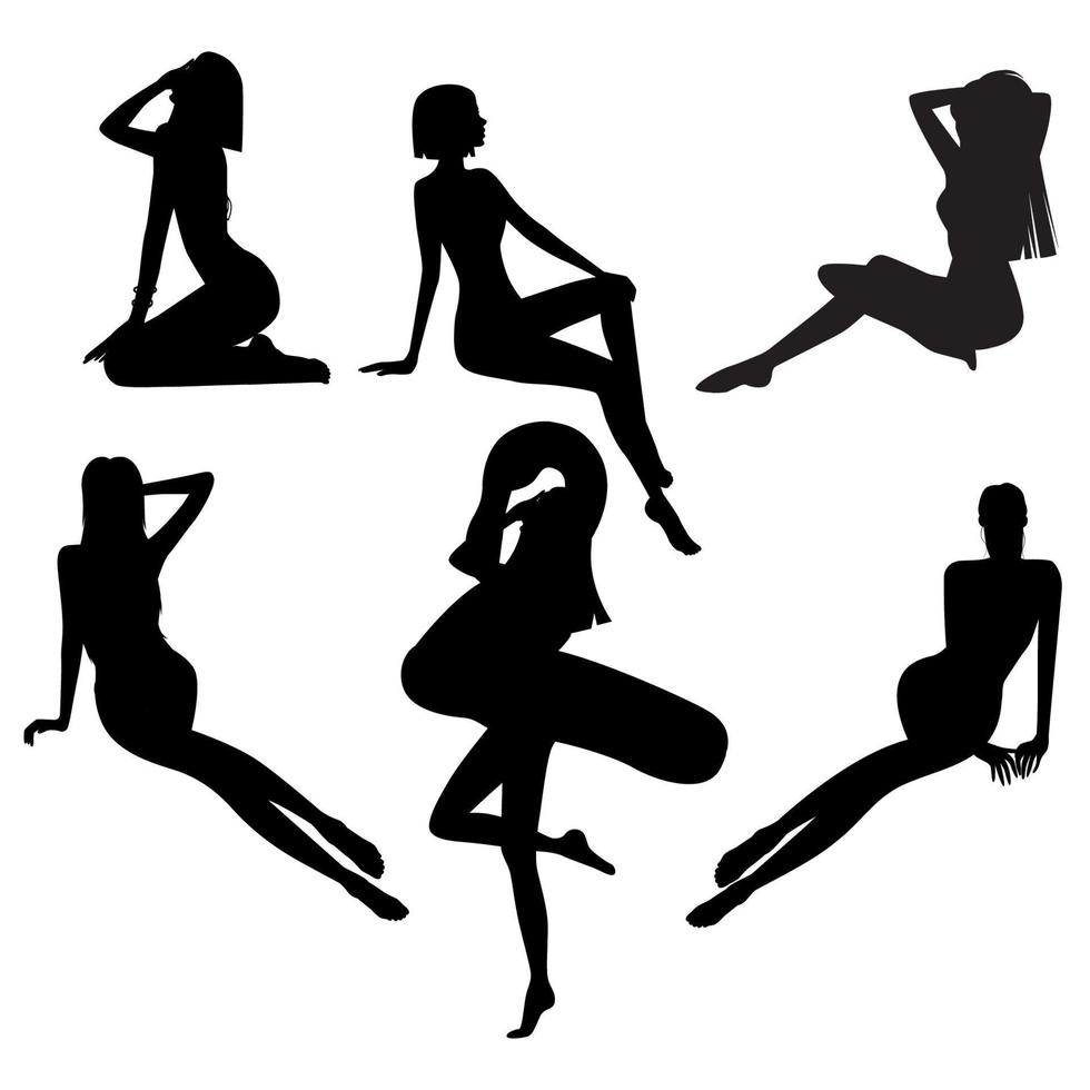 Big vector set of different silhouettes of women on vacation on the beach