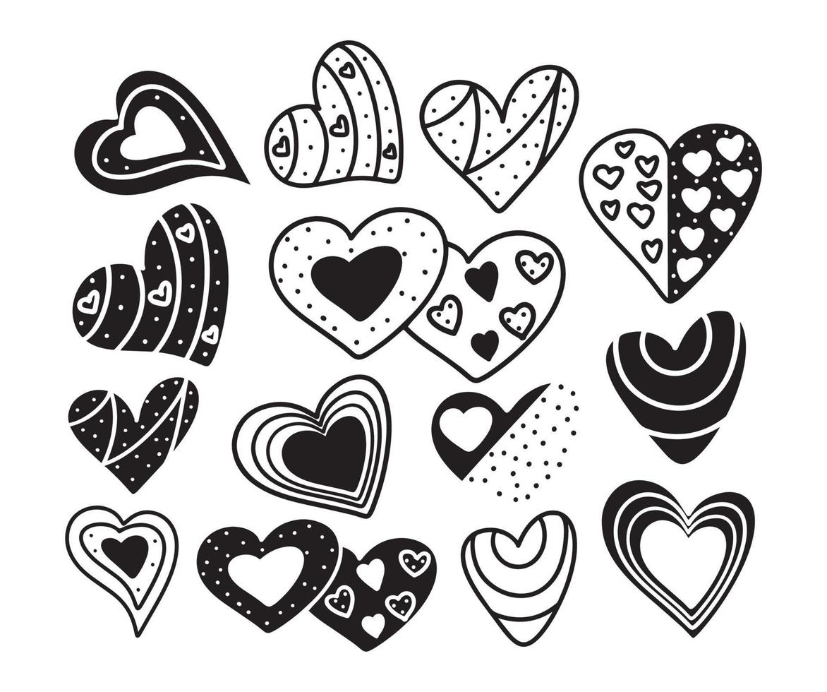 Vector graphics big set icons decoration patterns patterns black silhouette heart different sketches polka dots specks blots doodle hearts