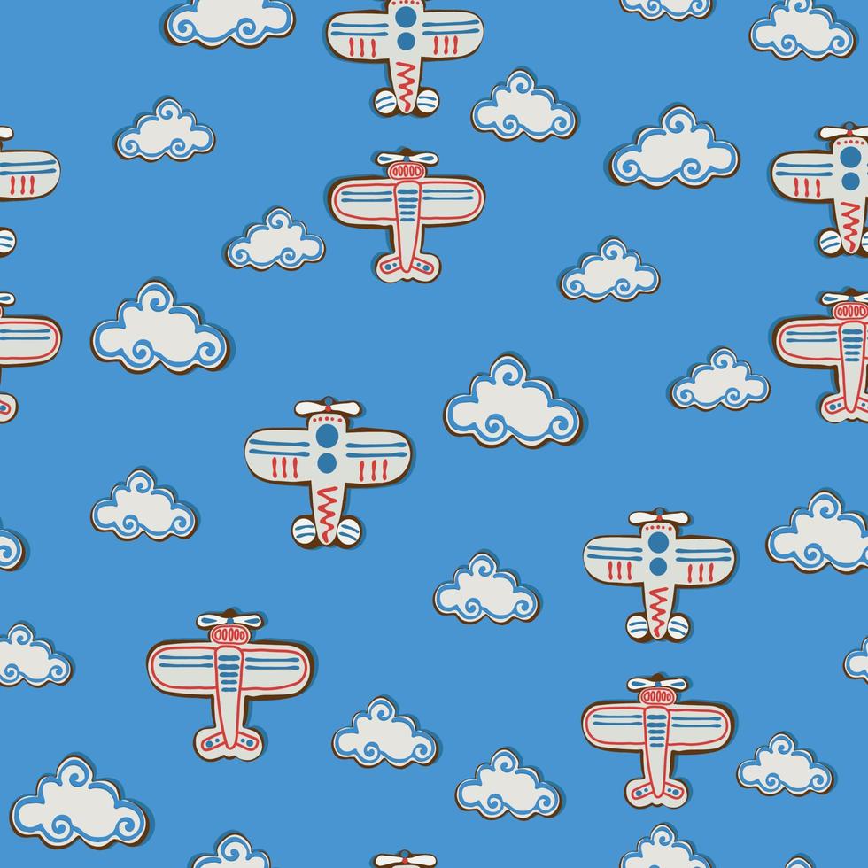 Children's plane pattern on a blue sky background vector
