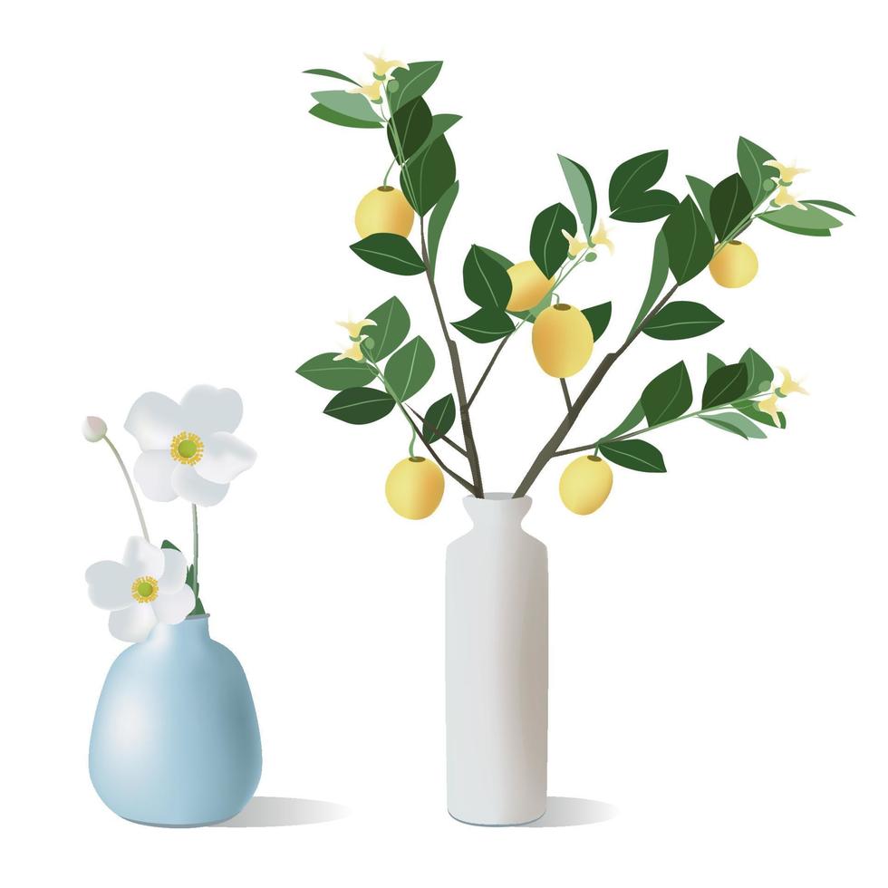 dos ilustración de flores en un florero y ramas con limones vector