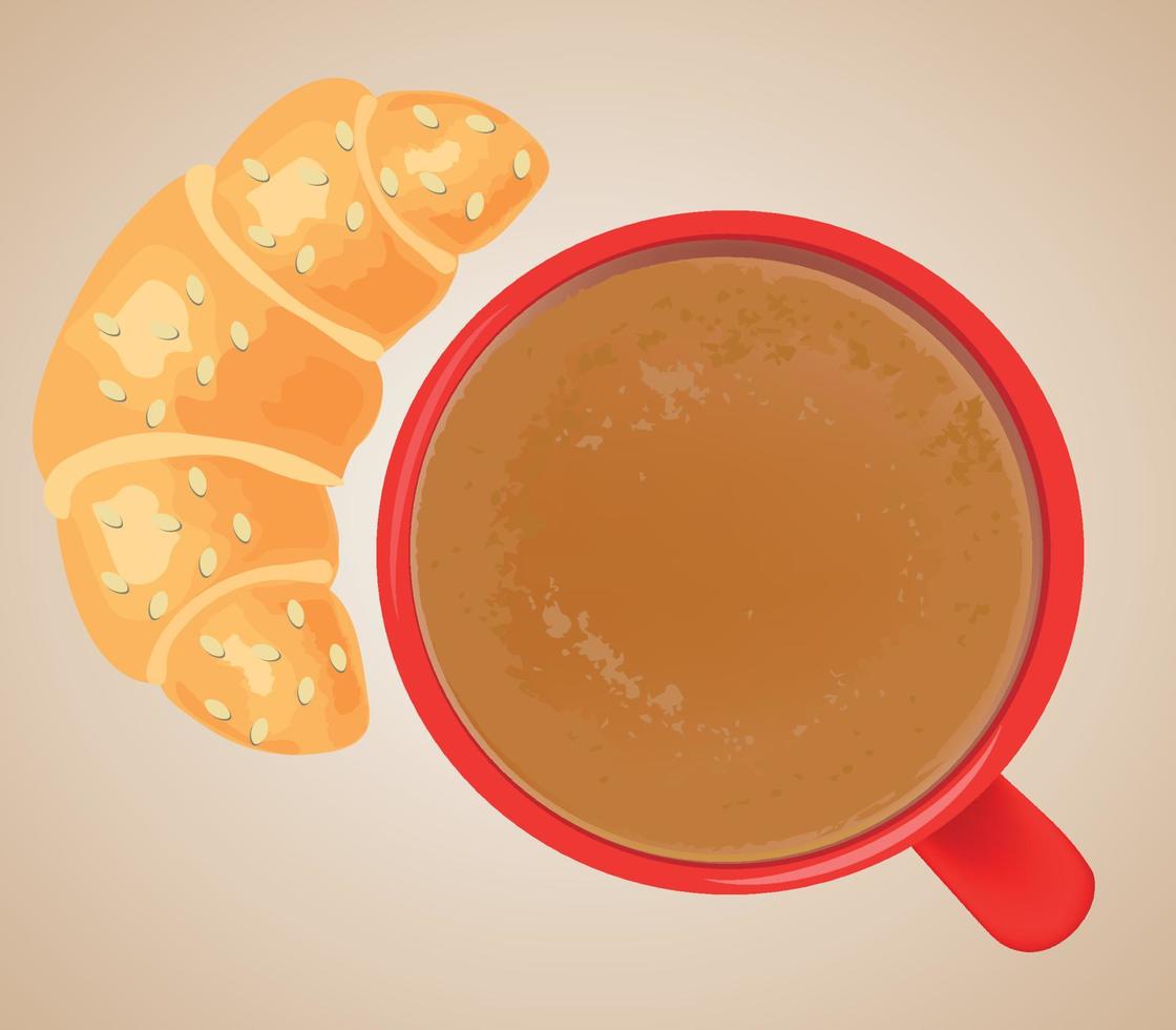 Red cup of coffee with milk and croissant vector