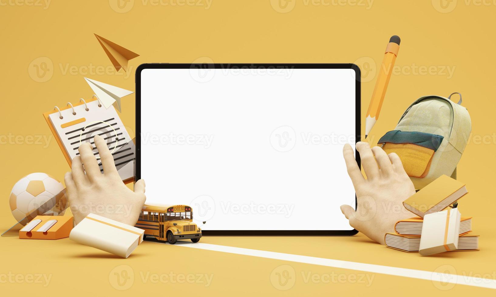 Back to school online learning, E-learning with school supplies and equipment. laptop computer screen with paper rocket accessories and textbooks on yellow background. cartoon style -3D Rendering photo