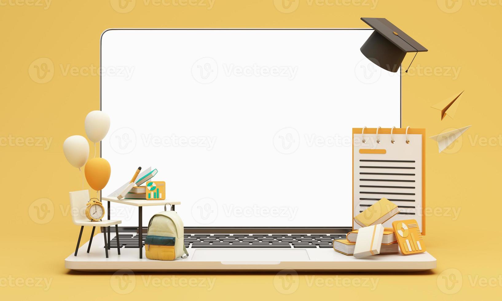 Back to school online learning, E-learning with school supplies and equipment. laptop computer screen with paper rocket accessories and textbooks on yellow background. cartoon style -3D Rendering photo