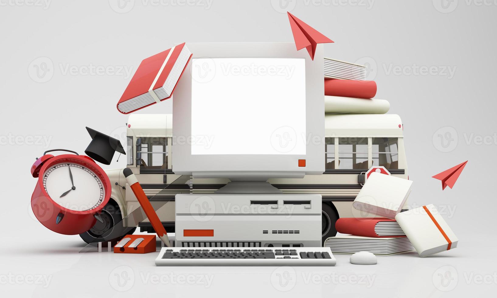 Back to school online learning, E-learning with school supplies and equipment. laptop computer screen with paper rocket accessories and textbooks on yellow background. cartoon style -3D Rendering photo