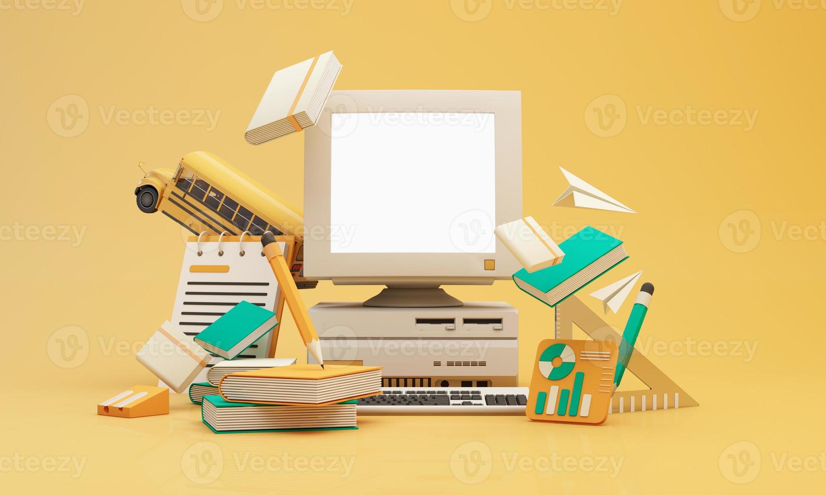 Back to school online learning, E-learning with school supplies and equipment. laptop computer screen with paper rocket accessories and textbooks on yellow background. cartoon style -3D Rendering photo