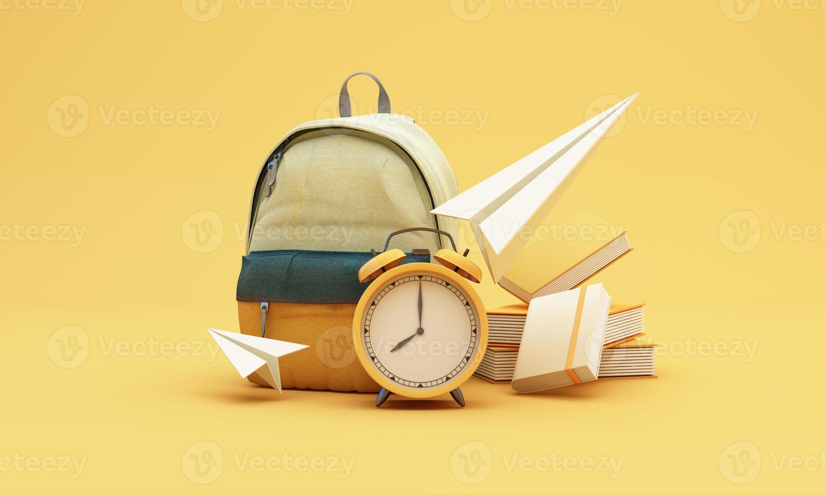Back to school online learning, E-learning with school supplies and equipment. laptop computer screen with paper rocket accessories and textbooks on yellow background. cartoon style -3D Rendering photo