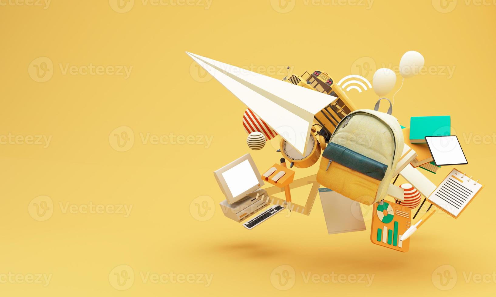 Back to school online learning, E-learning with school supplies and equipment. laptop computer screen with paper rocket accessories and textbooks on yellow background. cartoon style -3D Rendering photo