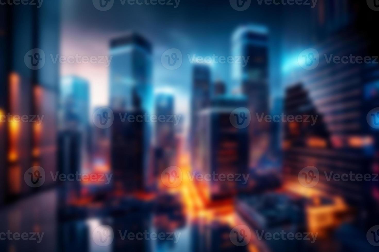 Modern night city with skyscrapers. Business center. Blurry background photo