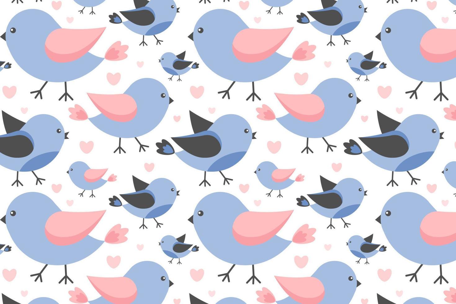 Seamless pattern with funny, cute birds. Funny character, little bird. Bird Day. For baby posters, cards, clothes, home textiles, wrapping paper, nursery. Vector illustration, white background