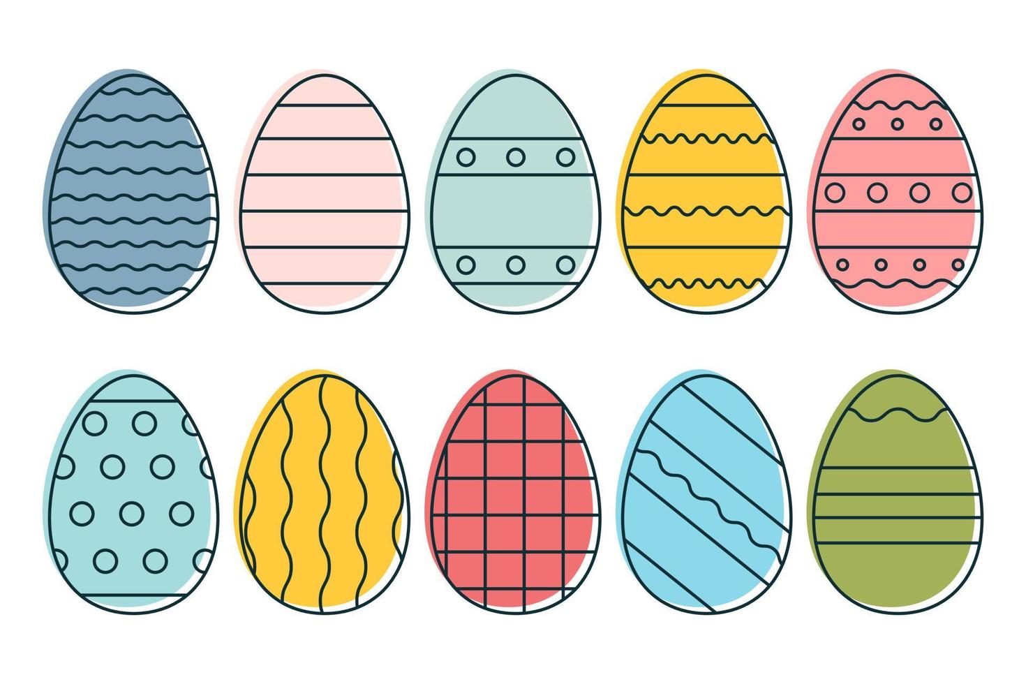 Set of Easter colored eggs drawn with linear outline on bright background. Egg for holiday with painted patterns of circles, lines, flowers. Cartoon style. Happy Easter Eggs. Vector illustration