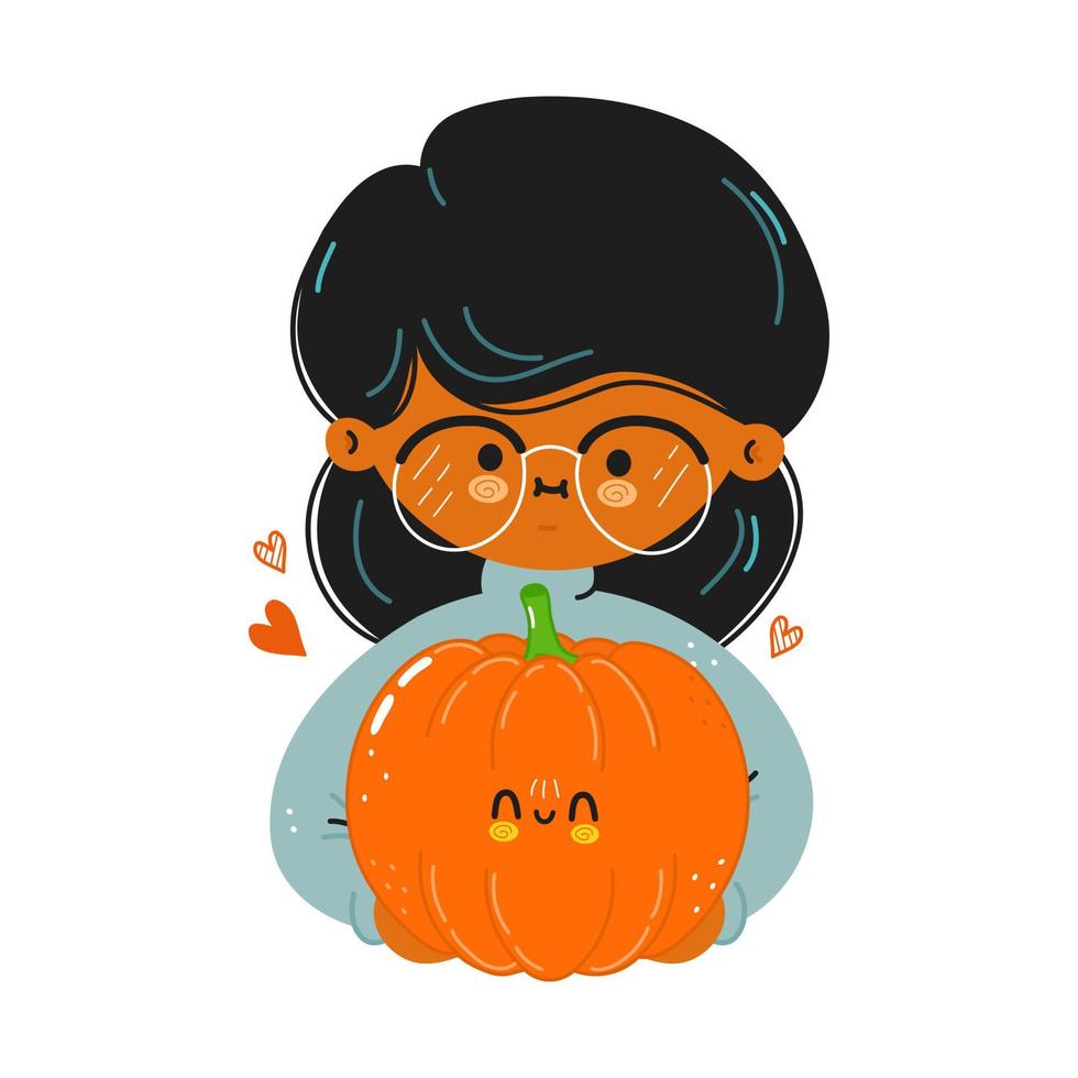 Young cute funny girl hold pumpkin in hand. Girl hugs cute pumpkin. Vector hand drawn doodle style cartoon character illustration icon design. Isolated on white background