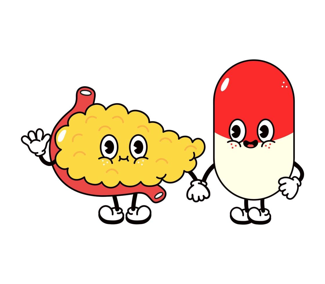 Cute, funny happy pancreas and pill character. Vector hand drawn cartoon kawaii characters, illustration icon. Funny cartoon pancreas and pill friends concept