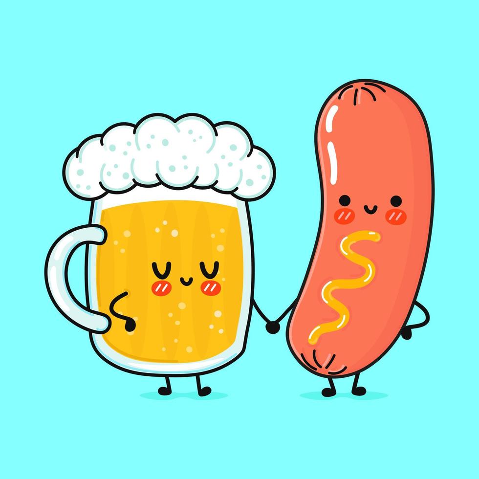 lindo, gracioso contento vaso de cerveza y salchicha mostaza. vector mano dibujado dibujos animados kawaii caracteres, ilustración icono. gracioso dibujos animados vaso de cerveza y salchicha mascota personaje concepto