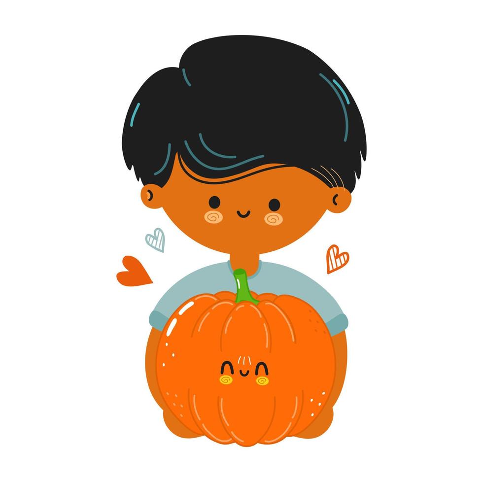 Young cute funny boy hold pumpkin in hand. Young boy hugs cute pumpkin. Vector hand drawn doodle style cartoon character illustration icon design. Isolated on white background