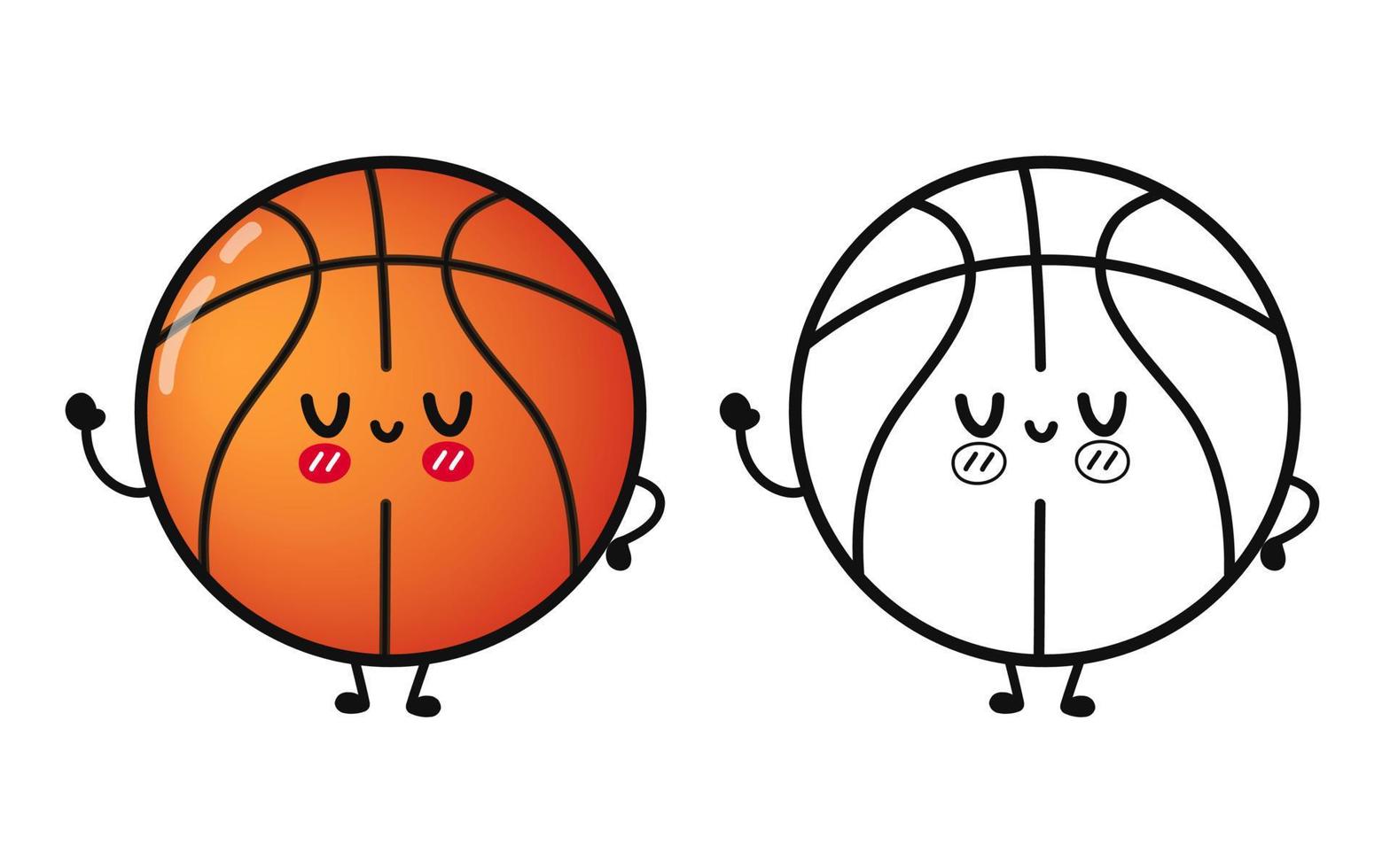 gracioso linda contento baloncesto caracteres haz colocar. vector mano dibujado dibujos animados kawaii personaje ilustración icono. linda baloncesto pelota. contorno dibujos animados ilustración para colorante libro