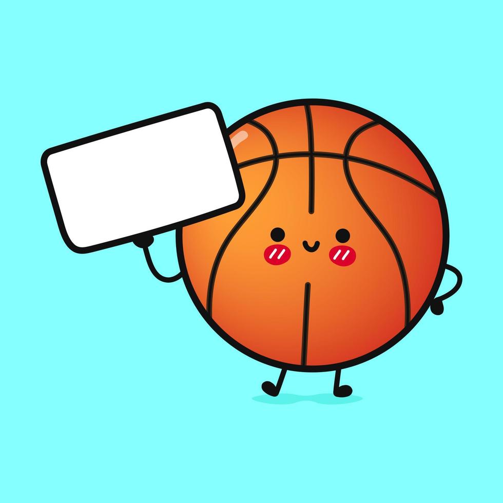 Cute funny basketball with poster. Vector hand drawn cartoon kawaii character illustration icon. Isolated on blue background. Basketball ball think concept