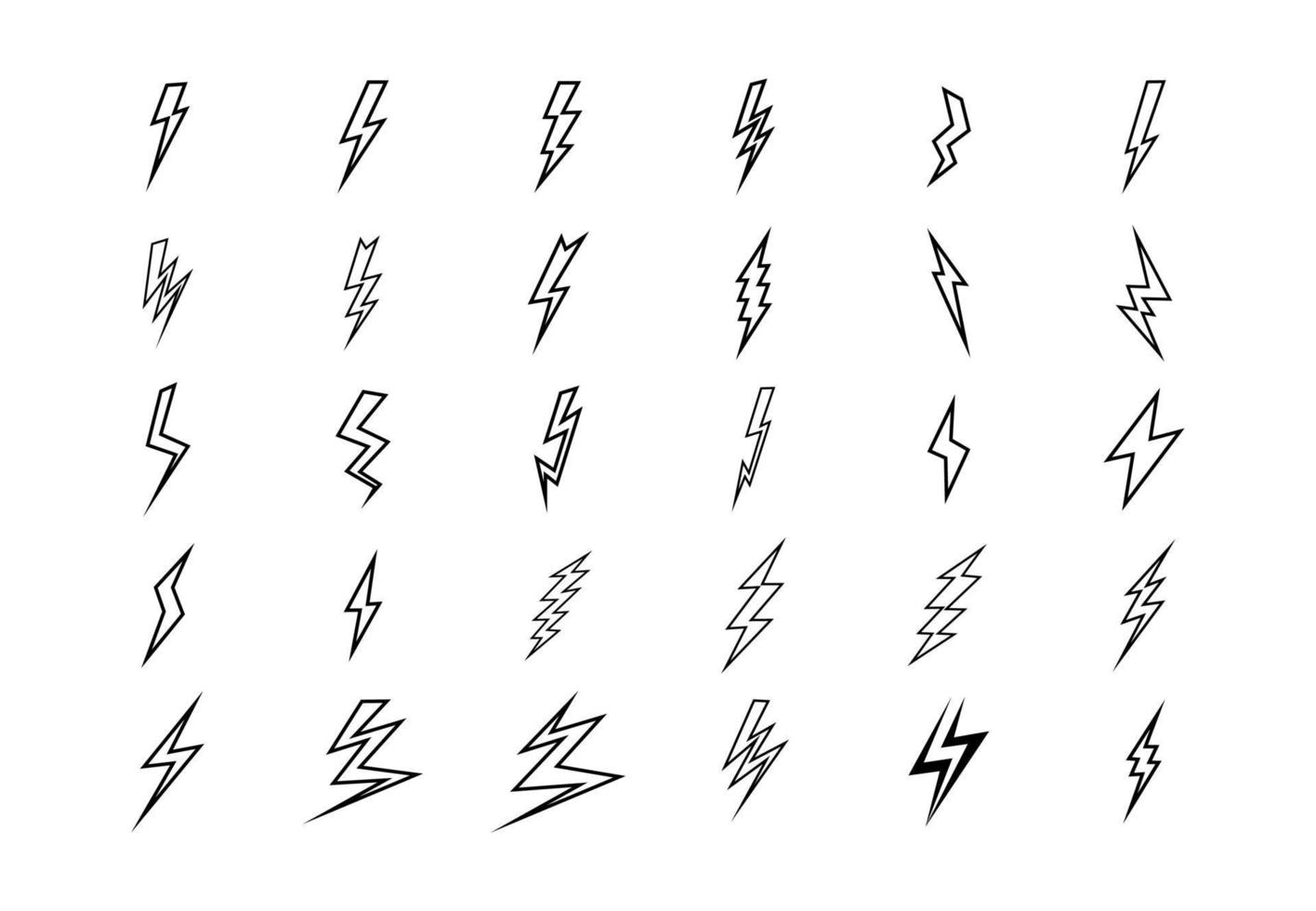 Set of 30 Lightning flat icons. Thunderbolts icons isolated on white background. lightning line Vector illustration