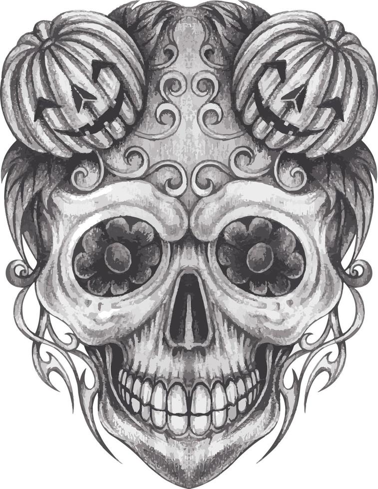 Art surreal skull tattoo. Hand drawing and make graphic vector. vector