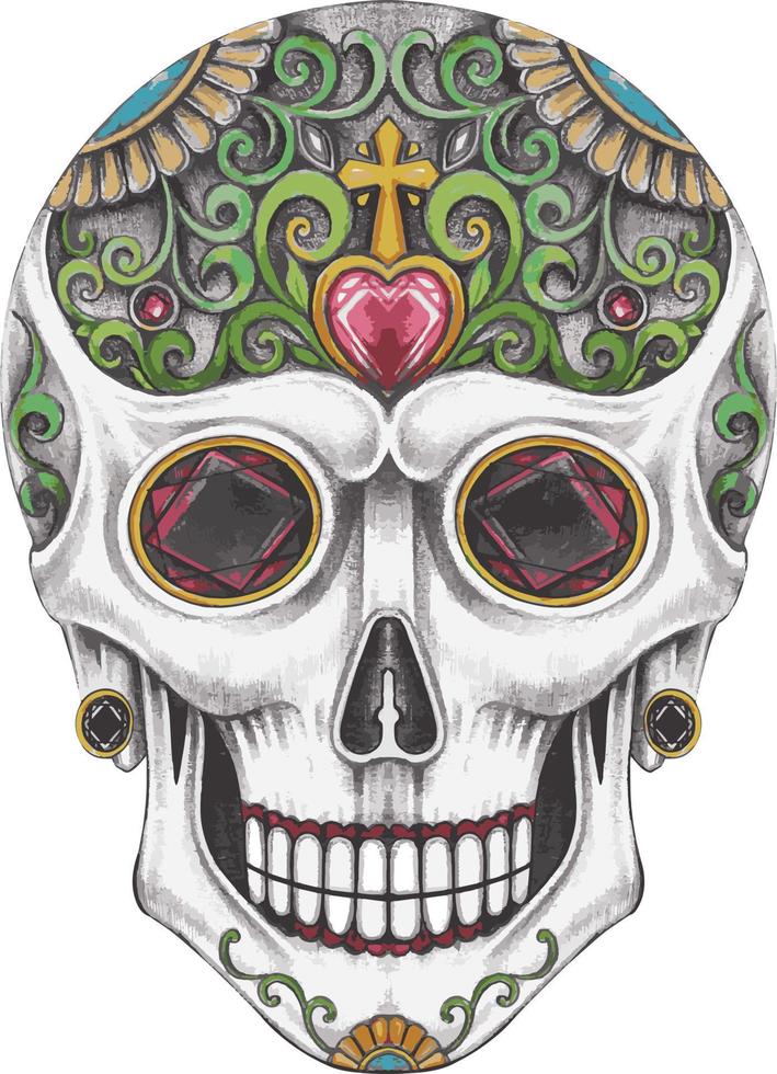Art fancy skull day of the dead. Hand drawing and make graphic vector. vector