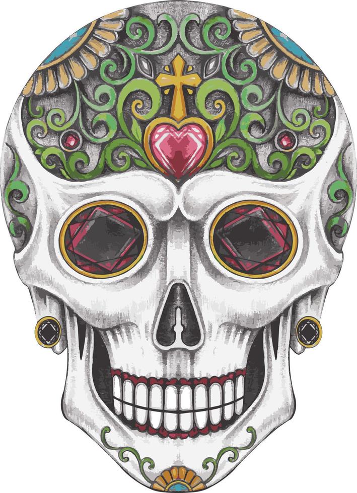 Art fancy skull day of the dead. Hand drawing and make graphic vector. vector