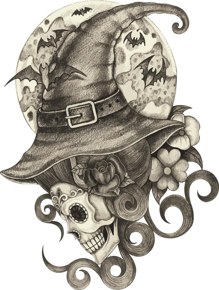 Art fantasy witch skull tattoo. Hand drawing and make graphic vector. vector