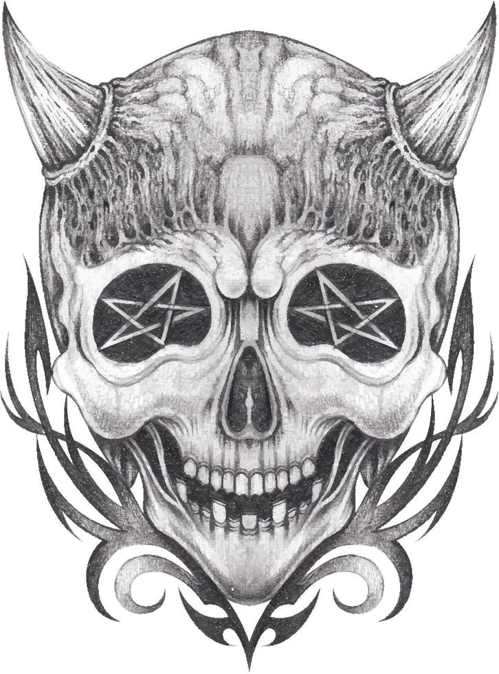 Art fantasy surreal devil skull tattoo. Hand drawing and make graphic vector. vector