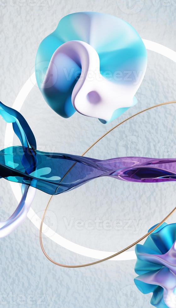 Flying abstract figures. Cloth fabric gradient waves abstract background. Iridescent glass wavy surface. Liquid surface, ripples, reflections. 3d render illustration. photo