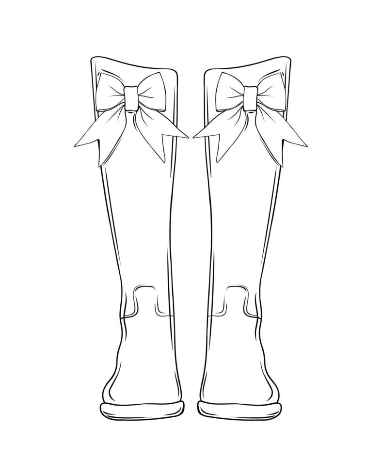 Contour image of cute boots with a bow. Rubber boots for autumn walks. Vector illustration