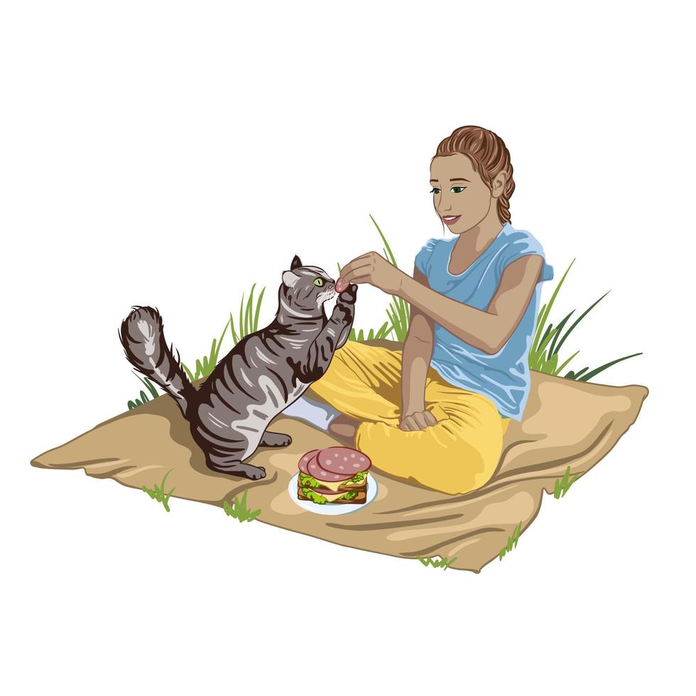 Pet day, children's Day, girl feeding a cat on a picnic. vector illustration