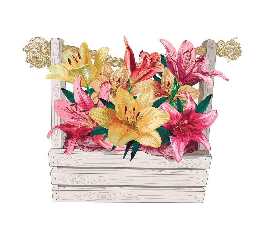 pink and yellow lilies in a light wooden basket on a white background. vector illustration