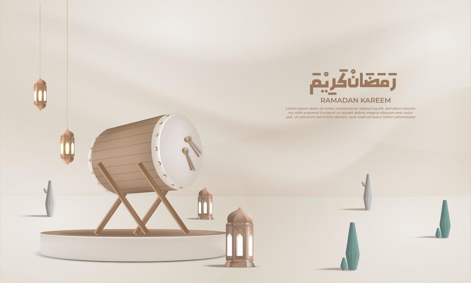 Realistic ramadan background with , islamic drum, lantern, for banner, greeting card vector