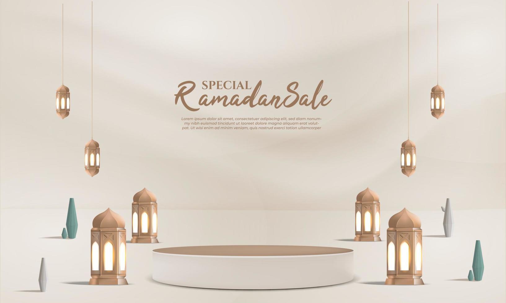 Ramadán rebaja antecedentes 3d con podio, linterna para saludo, bandera, póster vector