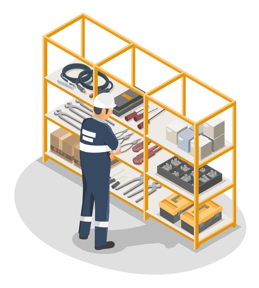 Technician selection of tools in Storeroom and Tool Crib Management industrial manufacturing worker concept illustration isometric isolated vector