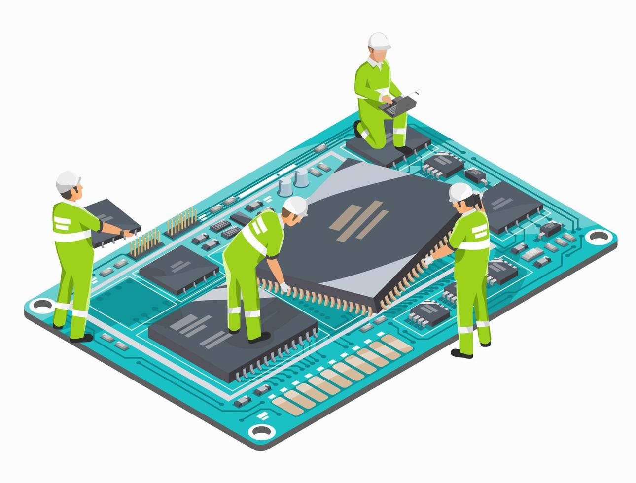 Semiconductors Production support Circuit Design symbols Concept isometric semiconductor illustration isometric isolated vector