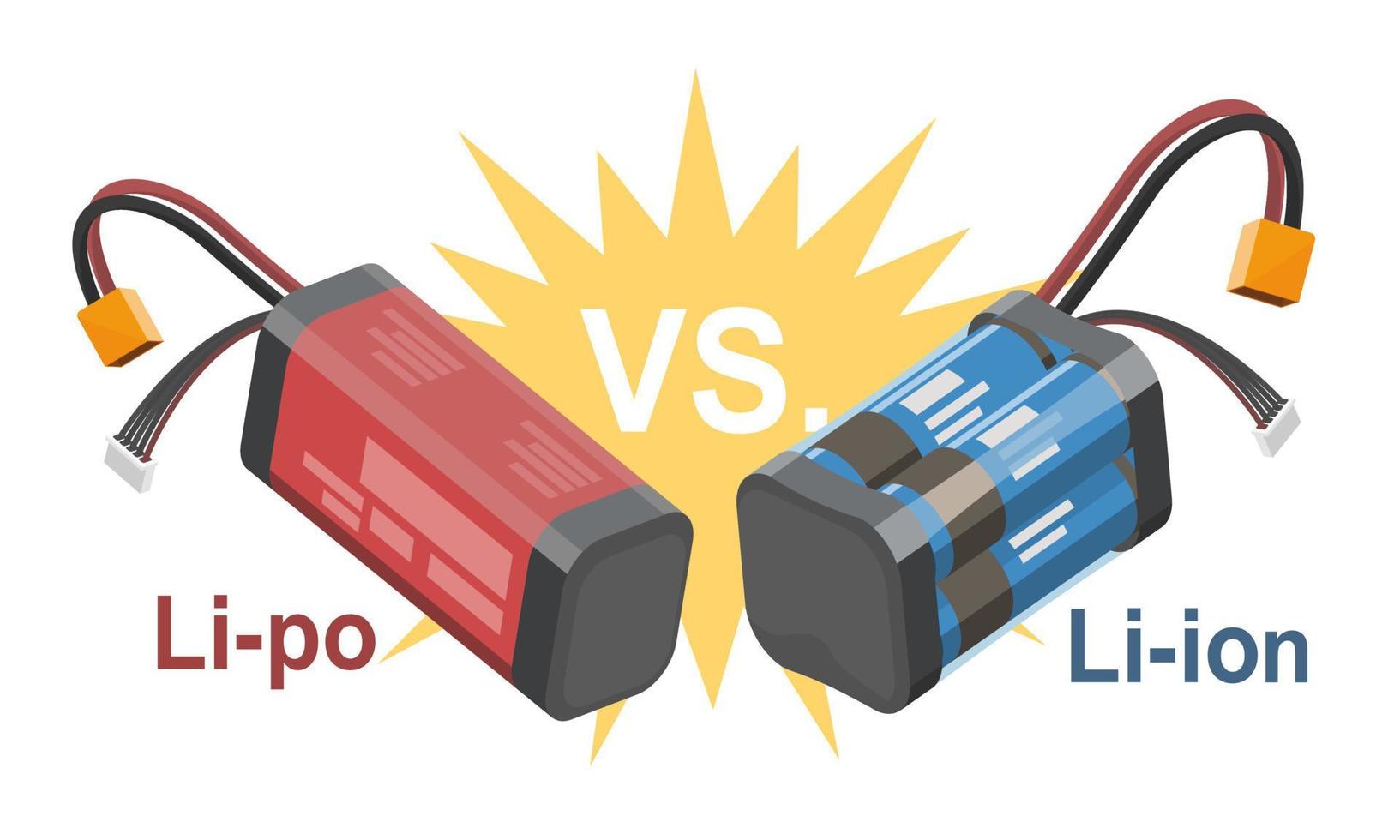 Li po vs Li ion battery lithium polymer and lithium ion Fpv drone and car and boat Hobby Rc toy products for radio control toy isometric battery illustration isometric isolated vector