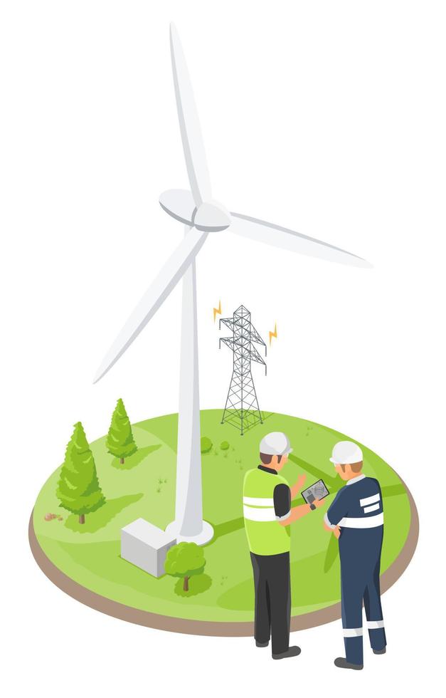 Windmill wind energy power concept Electricity Engineer using tablet inspecting and maintaining with Technician maintenance at transmissian tower high volt  from power plant isometric vector