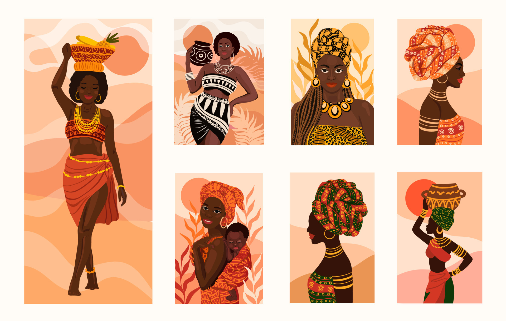 Beautiful ethnic African women flat style portraits collection. Vector