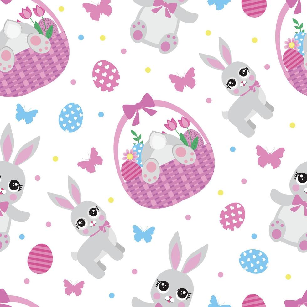 Easter seamless pattern with flowers, butterflies, rabbit and eggs. Spring cute repeating textures. Children's, baby, kids Easter endless background, paper, wallpaper. Vector illustration