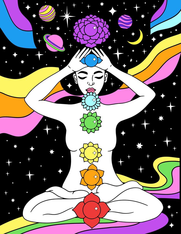 Woman sitting in lotus position. Meditation, aura and chakras. vector illustration