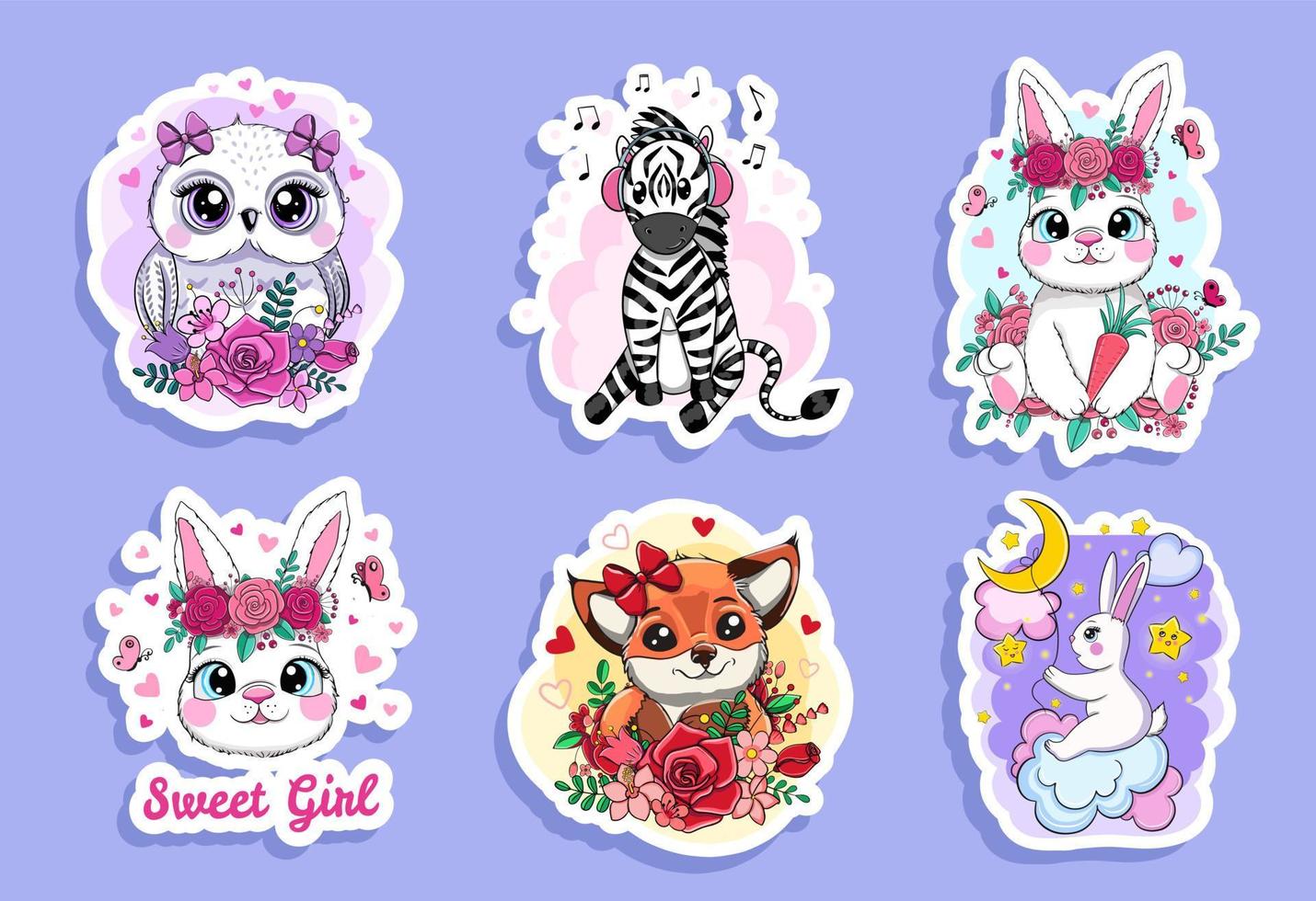 Cute funny animals sticker set. Cartoon vector characters
