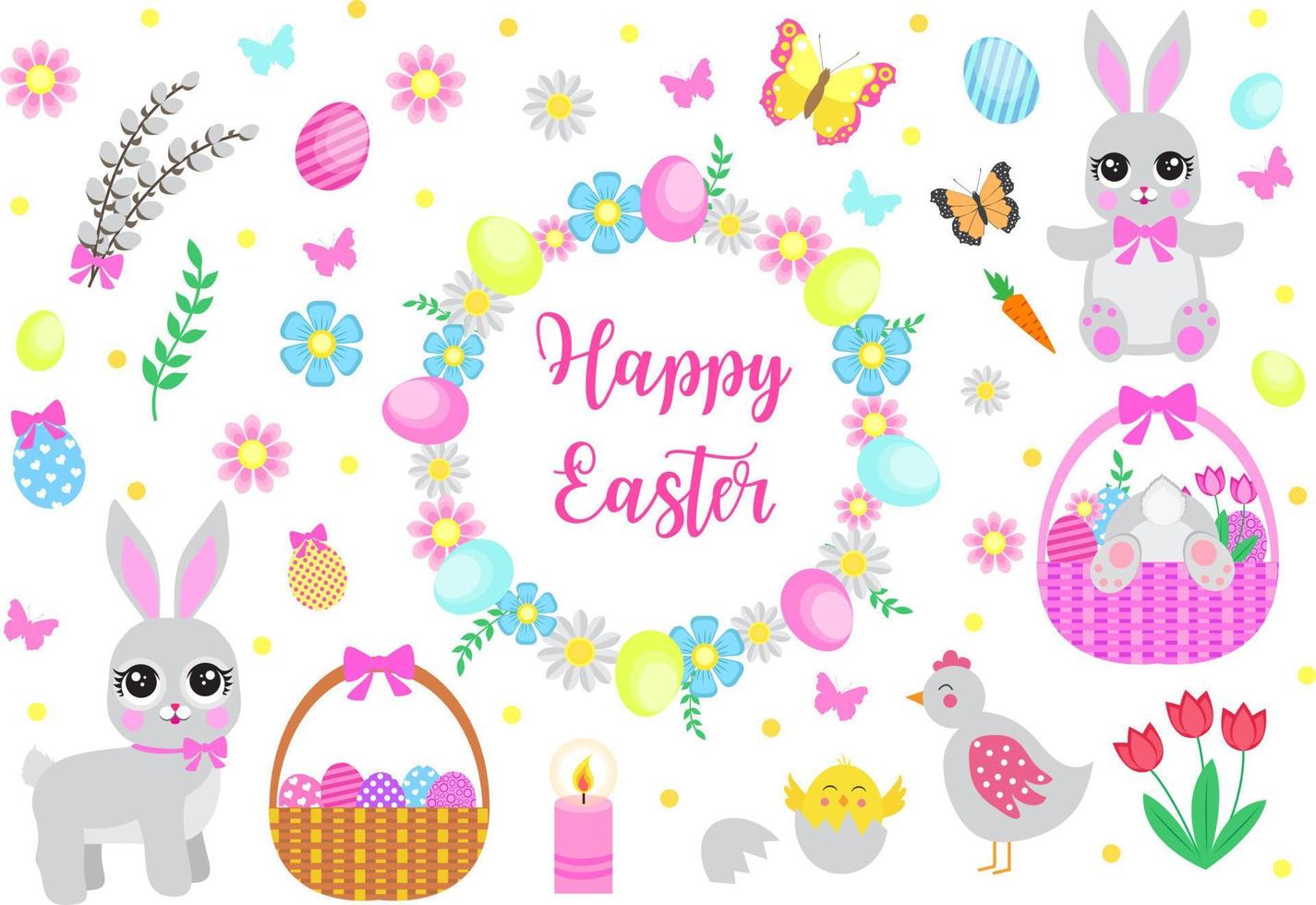 Happy Easter set objects, design elements. Spring collection with cute bunnies, flowers and Easter eggs. Vector illustration