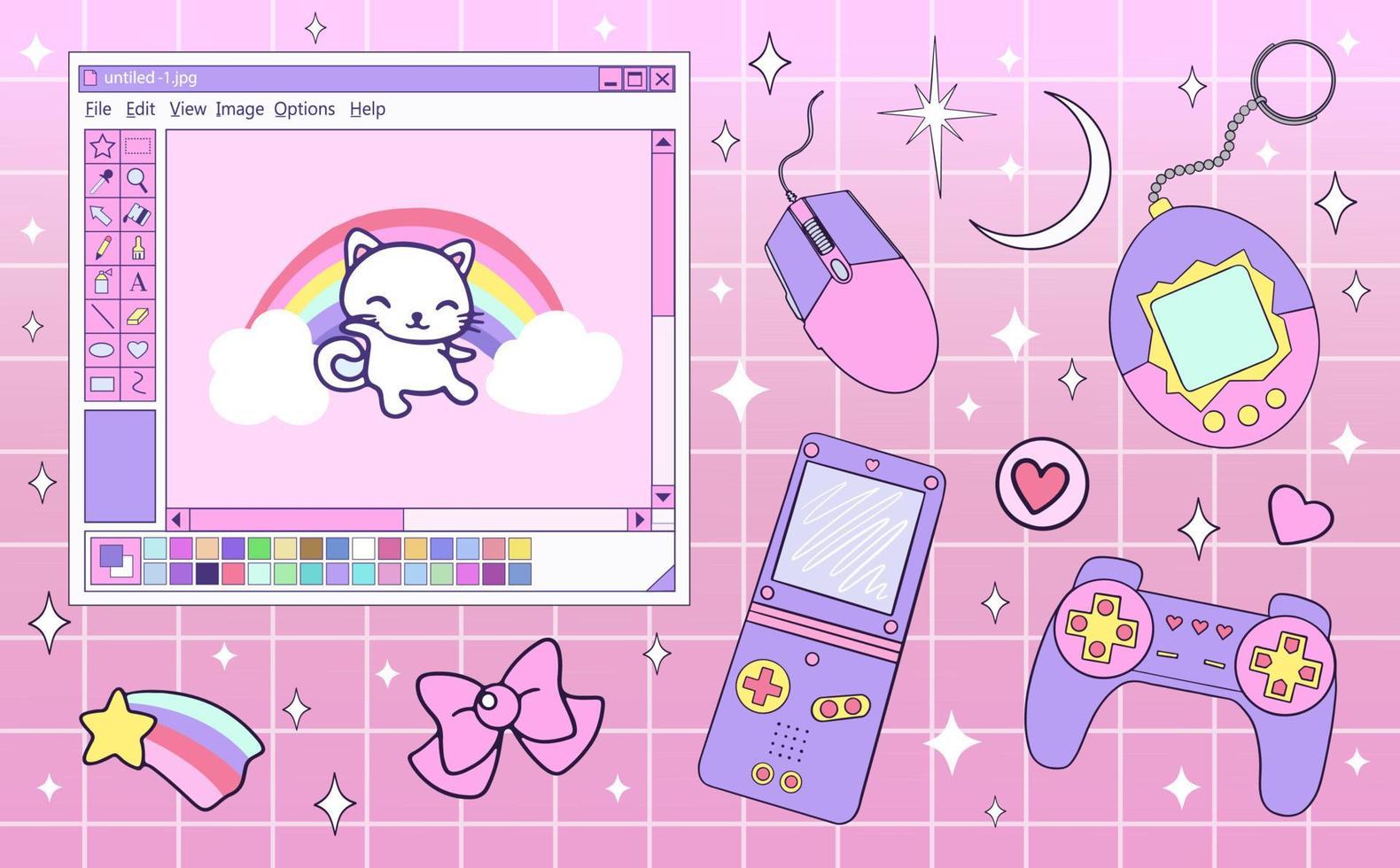 Kawaii elements set for Gamer Girl in 90s vaporwave style vector