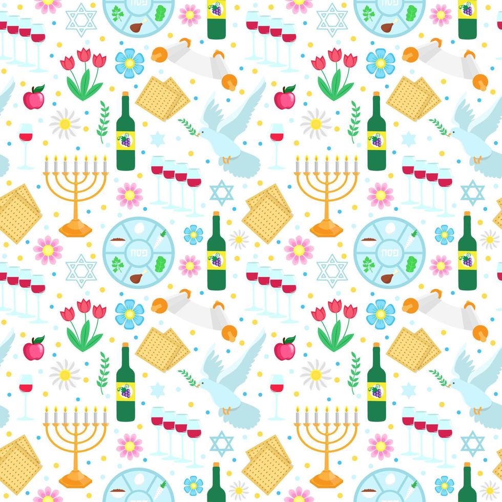 Jewish holiday Passover seamless pattern with with floral decoration, matzo. vector illustration
